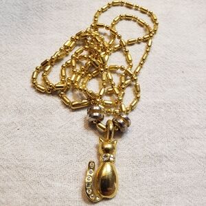 Adorable Vintage K.I.S. Goldtone Kitty Pendant Necklace With Clear Crystals